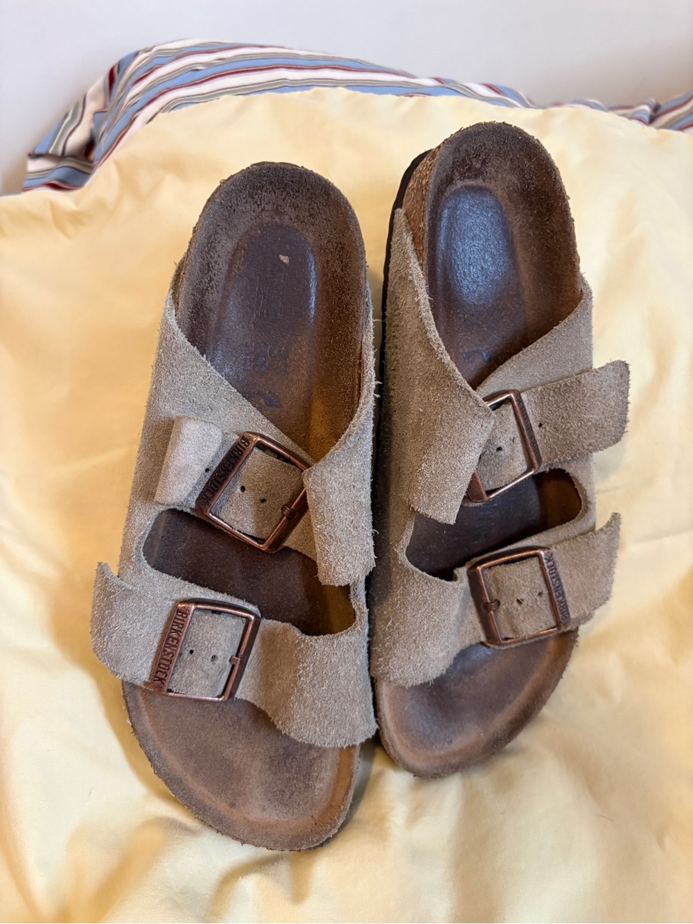 Birkenstock Taupe Suede Two-Buckle Slide Sandals